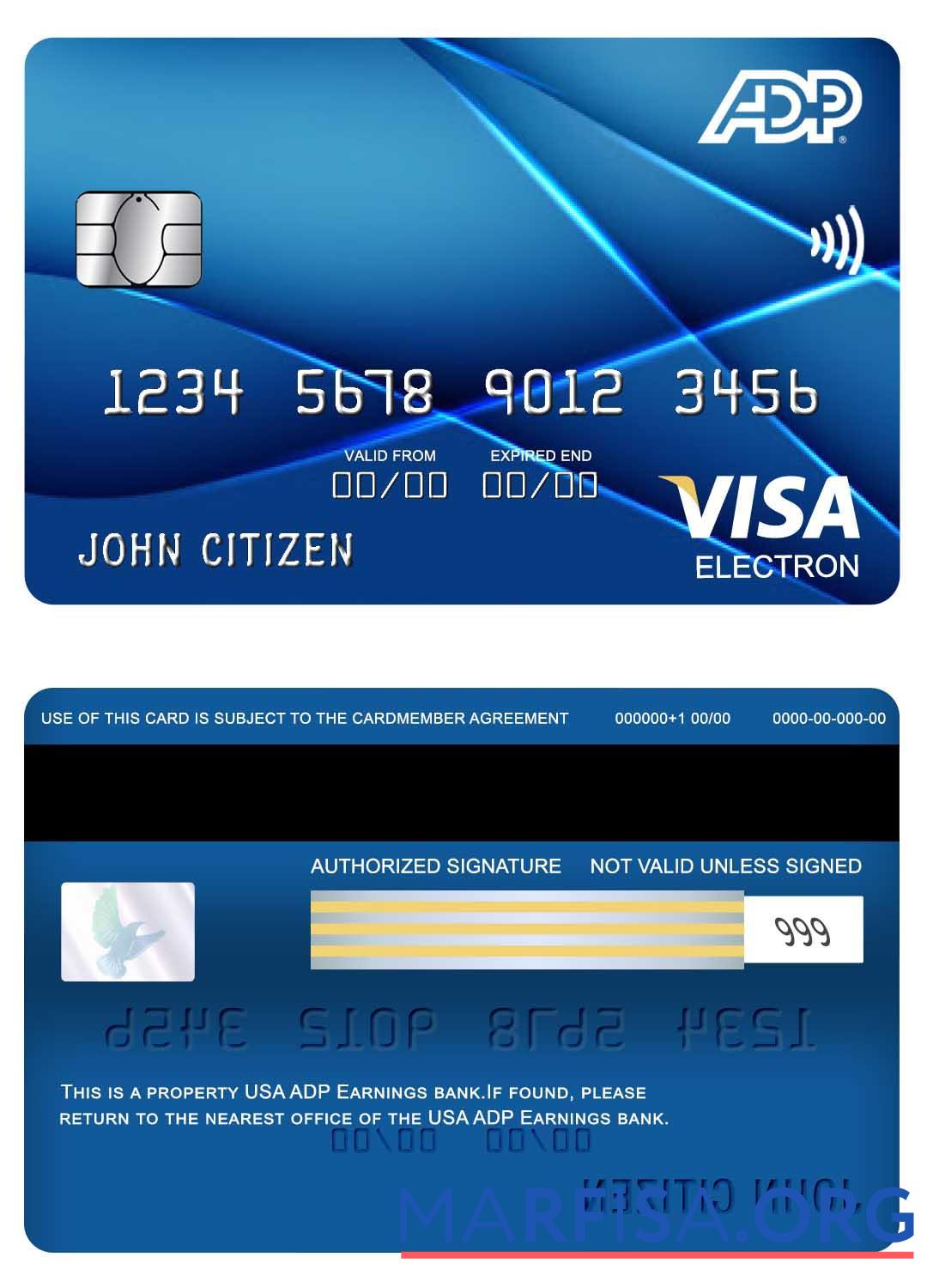 Blank USA ADP Earnings bank visa electron card sample